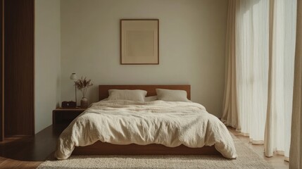 Minimalist Bedroom Design Featuring Wooden Bed and Cream Linen