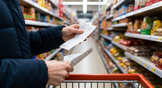 Minded man viewing receipts in supermarket and tracking prices