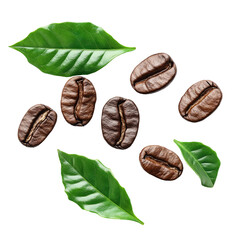 Coffee beans and green leaves on a transparent and isolated white background. Generated AI