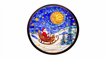 A circular stained glass painting depicting Santa's sleigh gliding across the starry night sky, with a pure white background.
