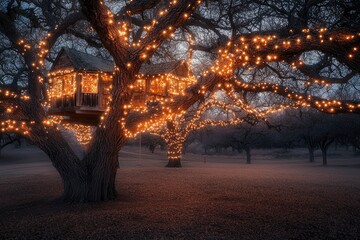 Illuminated Tree House Nestled Among Twinkling Lights