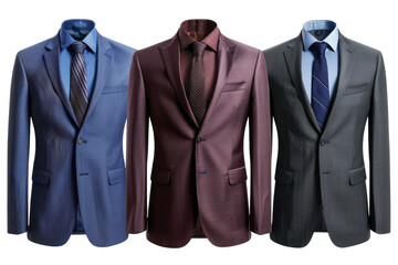 Elegant men's suits displayed together, showcasing a range of styles and colors for formal occasions and business meetings isolated on transparent background