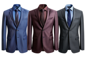 Elegant men's suits displayed together, showcasing a range of styles and colors for formal occasions and business meetings isolated on transparent background