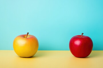 Two delicious red apples on a yellow and blue background, summer treat, healthy food, proper nutrition during a diet