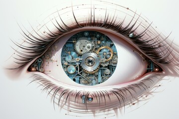 Intricate clockwork gears and circuitry embedded within a human eye create a captivating visualization of the intersection between biology and technology