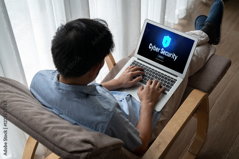 Poster cyber security system on computer screen protect private information snugly from hacker and cyber at