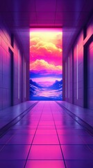 Vibrant hallway leading to a surreal seascape at dusk
