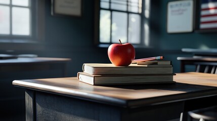 Red apple fruits rests on books in a classroom