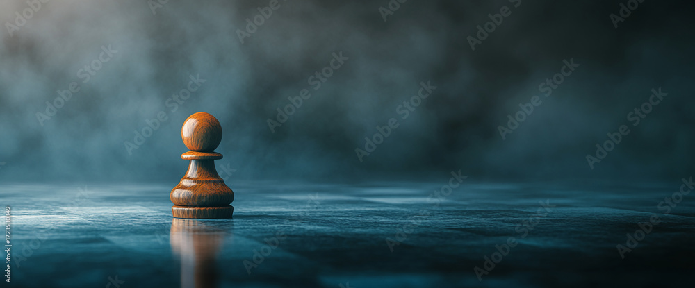 Poster a close-up shot of a single wooden pawn on a chessboard, symbolizing a moment of strategic contempla