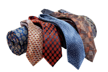 A vibrant collection of assorted neckties elegantly arranged showcasing various patterns and colors against a clean backdrop isolated on transparent background