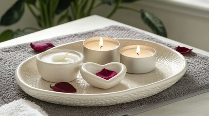 Tranquil Spa Setting With Candles And Rose Petals