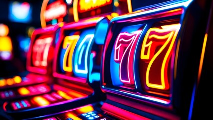 Obraz premium Casino Jackpot 777, neon casino slots machine, Casino slot machine jackpot lights flashing as winner celebrates, Lucky Number 777, Neon slot machine displaying three sevens, vibrant and exciting