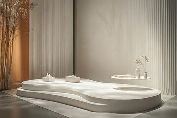 Sleek product display stage with a minimalist white podium, ideal for contemporary visual merchandising.