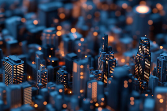 View of a modern city at night with a tilt shift miniature effect