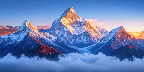 Majestic mountain range at sunrise with snowy peaks