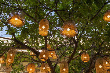 Outdoor garlands in wicker baskets illuminate a green tree. They create a cozy, welcoming atmosphere. Perfect for decorating a restaurant, event or wedding.