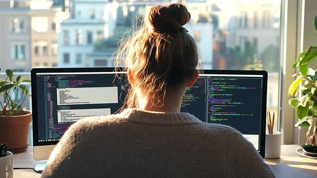 Developer immersed in coding, with multiple open-source projects displayed on a split laptop screen, bright office space around them.