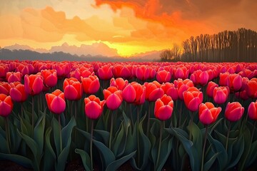 Red tulip field at sunset