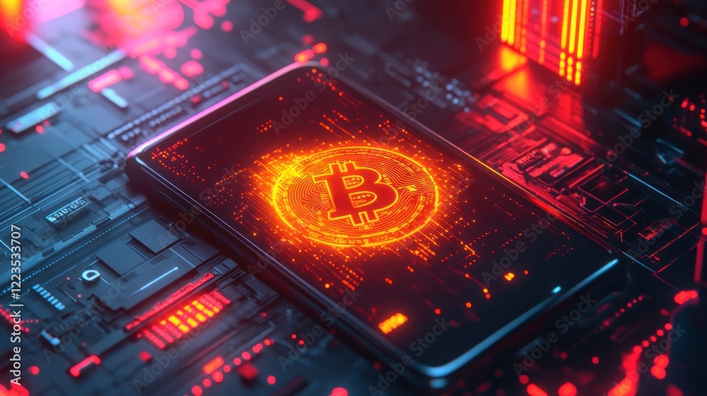 Poster smartphone displaying bitcoin cryptocurrency on circuit board