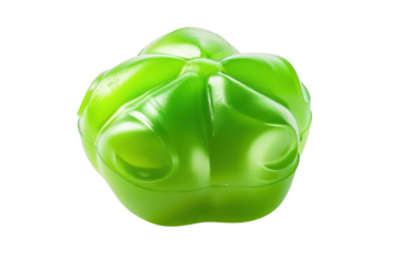 A vibrant green decorative item resembling a unique fruit resting on a clean white surface, showcasing its glossy texture and playful form isolated on transparent background