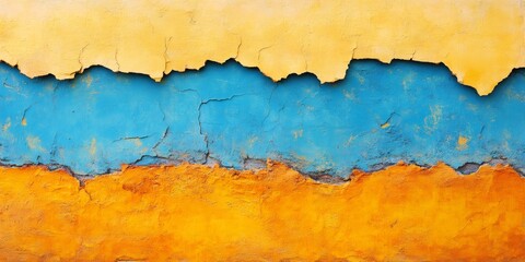 Weathered wall revealing multilayered paint fragments in yellow, blue, orange hues, displaying textural decay and architectural degradation