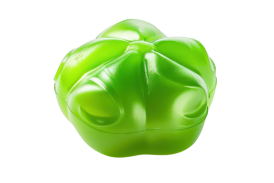 A vibrant green decorative item resembling a unique fruit resting on a clean white surface, showcasing its glossy texture and playful form isolated on transparent background