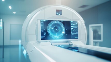 A high-resolution medical imaging scanner with a modern interface in a clean, professional healthcare setting, featuring advanced diagnostic capabilities