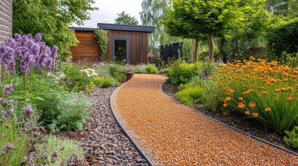 Serene Garden Path with Blooming Flowers and Modern House