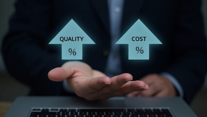 Professional hand gesture with laptop keyboard and digital arrows