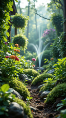A serene garden path with lush foliage, water features, and rocks, leading into a tranquil tech-inspired forest.