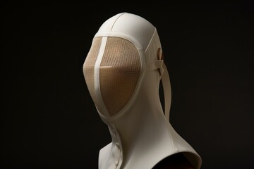 White fencing mask covering face and neck, providing protection during a match