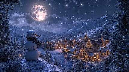 Snowman overlooking snowy village under full moon in winter wonderland