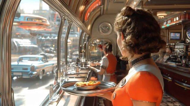 Retro diner interior with a person enjoying breakfast by the window.