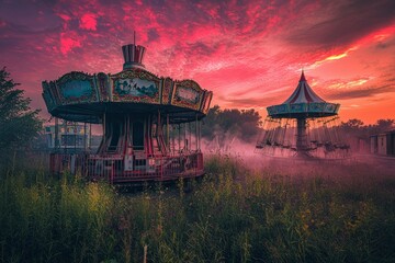 Naklejka premium Abandoned Carousel Rides Under a Crimson Sunset Sky