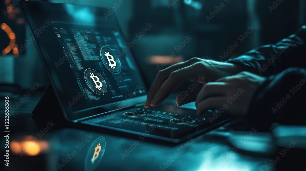 Poster Person Using Tablet Showing Bitcoin Cryptocurrency Data