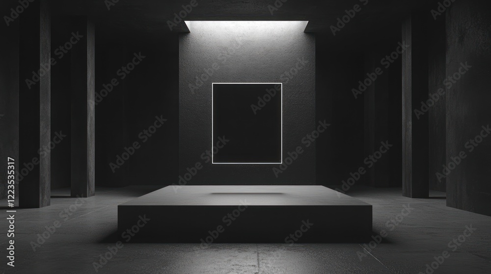 Poster dark minimalist room with platform and illuminated square
