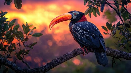 Obraz premium Spectacular Sunset with A Collared Aracari Perched on a Branch