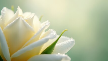 Fototapeta premium Macro photography of a white rose with dewdrops in soft morning light 