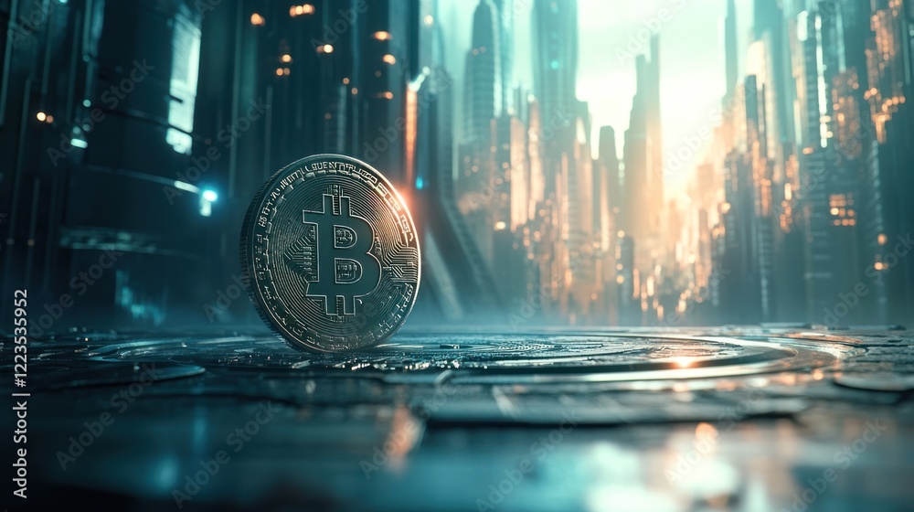Poster bitcoin coin in futuristic cityscape setting