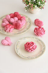 Romantic Tea Party with rose and heart shape marshmallow. Valentine's Day celebration