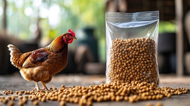 Rhode Island Red chicken pecking healthy pellets near chicken feed bag