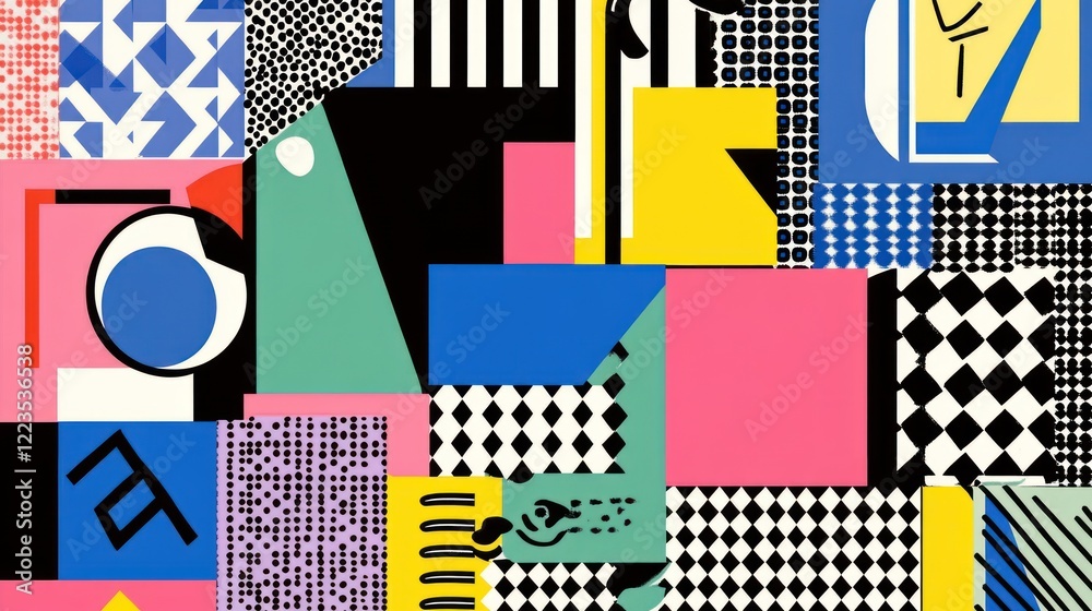 Poster abstract geometric collage featuring bold colors and patterns