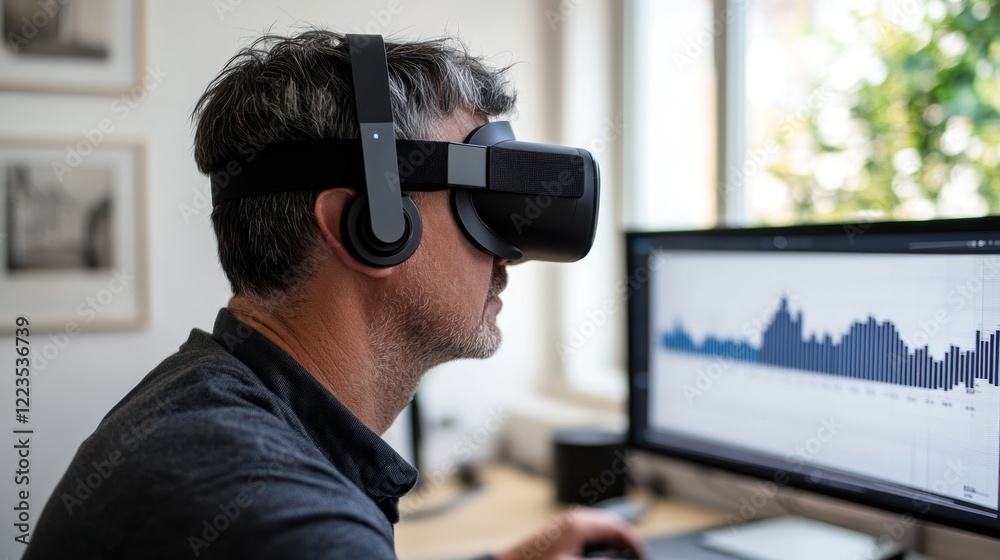 Poster Man wearing virtual reality headset uses computer