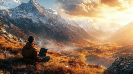 Fototapeta premium Working remotely in stunning mountain landscape at sunset