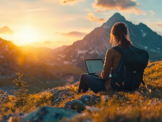 Digital nomad working on laptop during sunset in the mountains