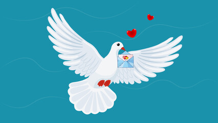 Obraz premium Dove of peace with a love letter and hearts against a blue background with wave lines