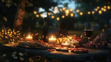 Romantic Outdoor Dinner Setting With Wine And Candles