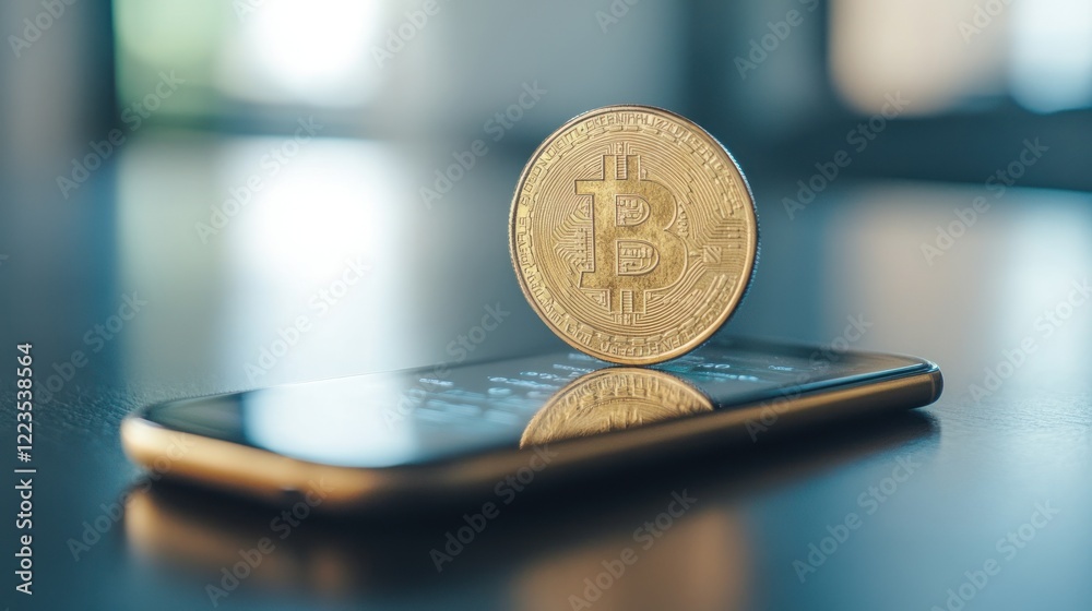 Poster golden bitcoin coin above smartphone displaying digital currency