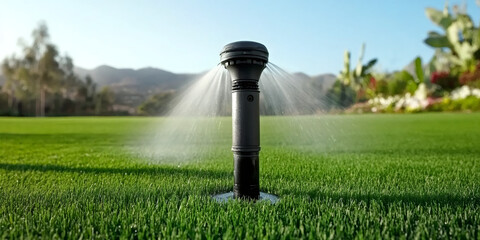 Automatic sprinkler watering green grass on golf course or football field