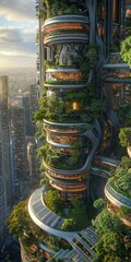 Futuristic city with greenery integrated into skyscraper design